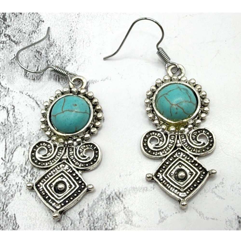 Silver Turquoise Dangle Earrings Boho Southwestern Ornate Drop